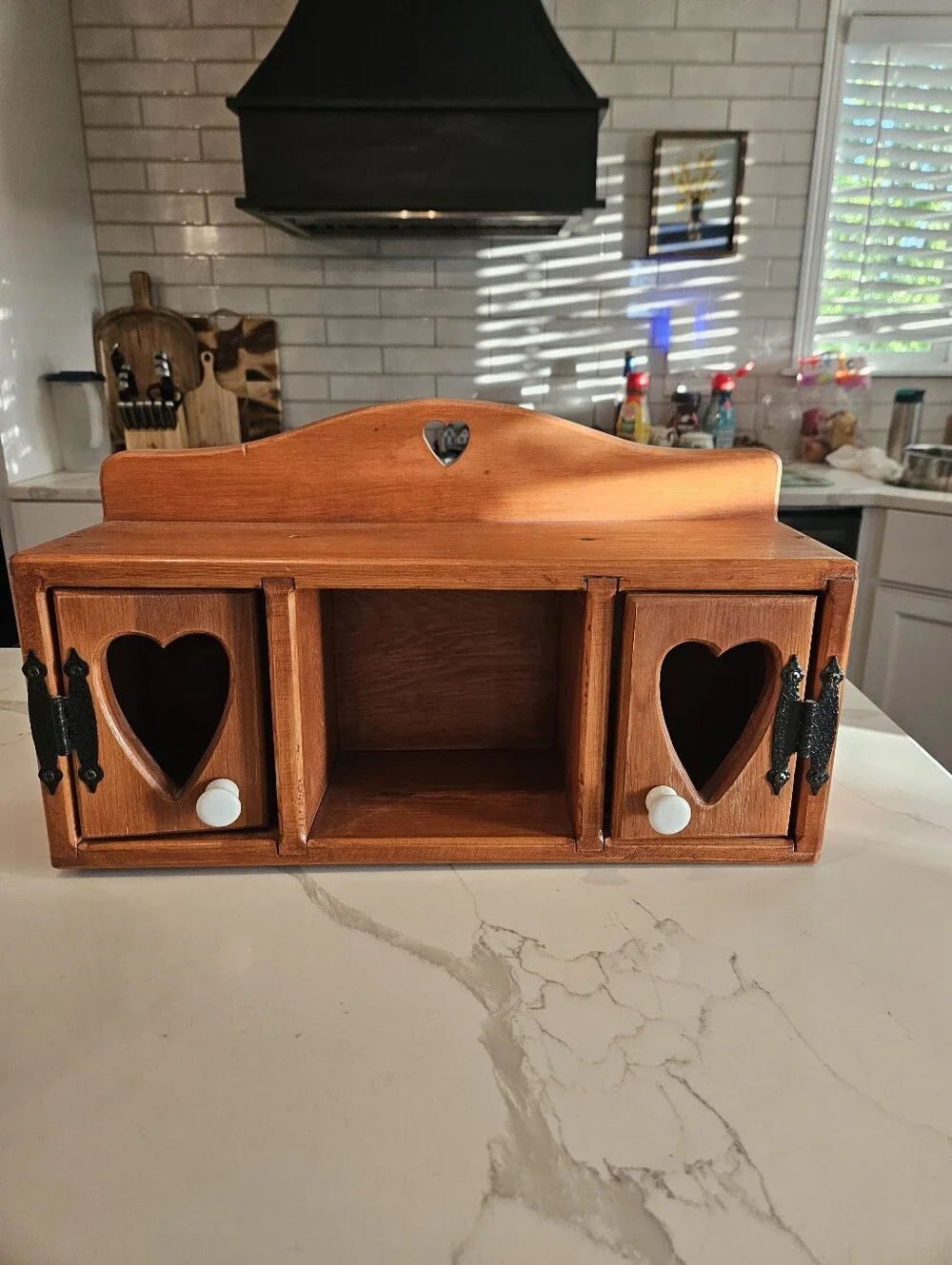 Wooden Heart Accent Shelf Cabinet in Warm Honey Brown